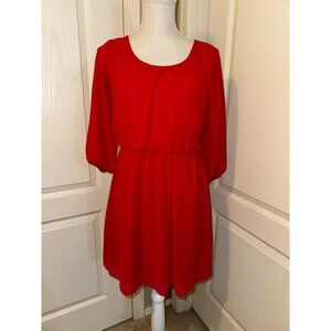 Women's Midi Dress Red Lace Lined Size M Chiffon‎ 3/4 Sleeve Stretch Pullover